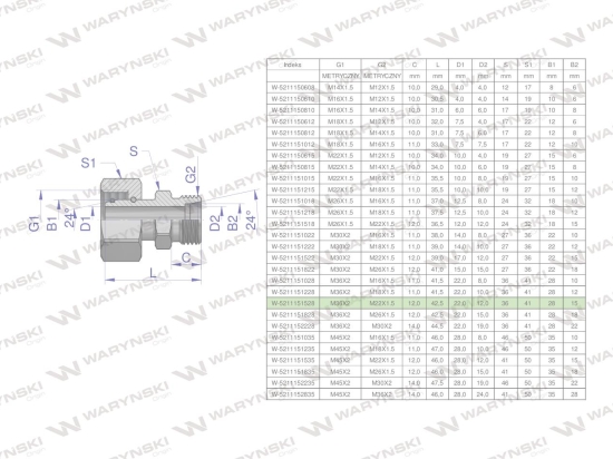 Złączka hydrauliczna metryczna AB (XKOR) A-M36x2 28L / B-M22x1.5 15L Waryński
