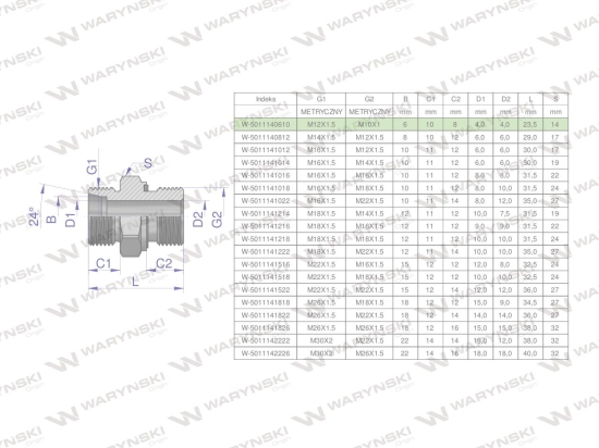 Przyłączka hydrauliczna metryczna BB (XGE) M12x1.5 06L x M10x1 ED Waryński ( sprzedawane po 5 )
