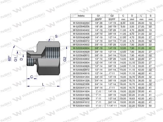 Tulejka różnicowa hydrauliczna calowa AB 3/8"GZ x 1/4"GW BSP Waryński ( sprzedawane po 2 )