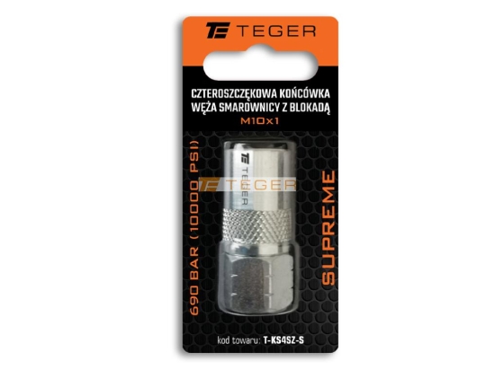 Czteroszczękowa końcówka węża smarownicy z blokadą M10x1. 690 BAR (10000 PSI) Supreme TEGER