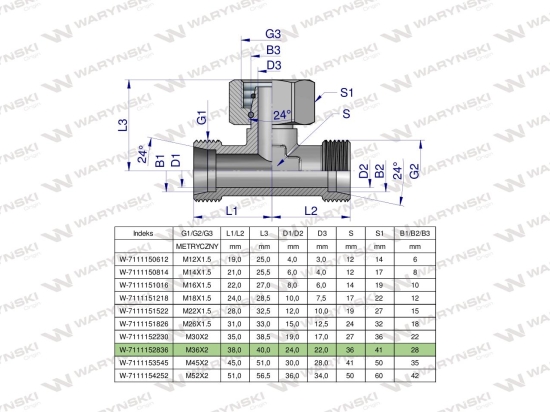 Trójnik hydrauliczny symetryczny metryczny BAB M36x2 28L (XEVT) Waryński