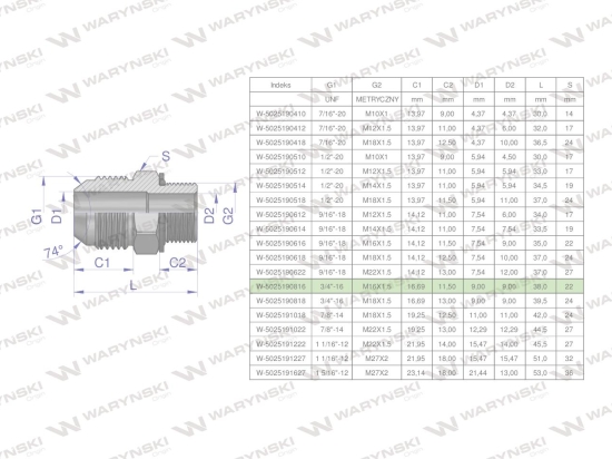 Przyłączka hydrauliczna BB 3/4"UNF (JIC) x M16x1.5 (XGE) Waryński ( sprzedawane po 2 )
