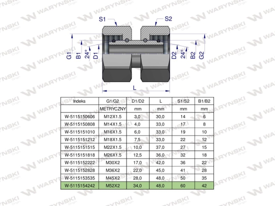 Złączka hydrauliczna metryczna AA M52x2 42L Waryński