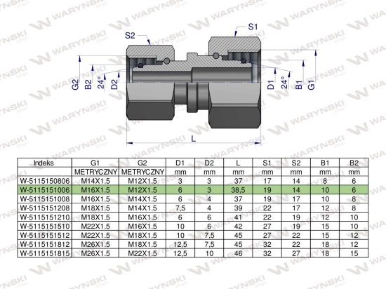 Złączka hydrauliczna metryczna AA M16x1.5 10L x M12x1.5 06L Waryński ( sprzedawane po 2 )