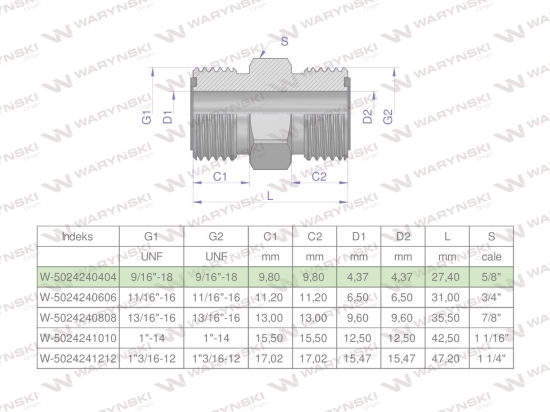 Złączka hydrauliczna calowa BB 9/16" ORFS (UNF) ORFS (UNF) Waryński ( sprzedawane po 2 )
