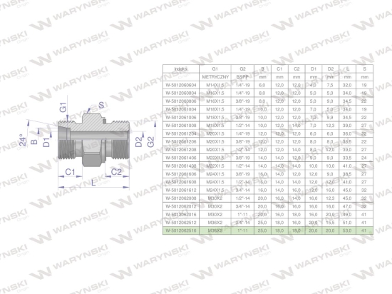 Przyłączka hydrauliczna (odmiana ciężka XGE) BB M36x2 25S x 1" BSP ED Waryński ( sprzedawane po 2 )