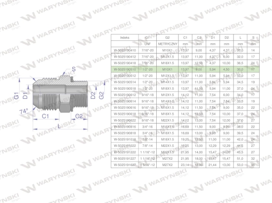 Przyłączka hydrauliczna BB 1/2"UNF (JIC) x M10x1 (XGE) Waryński ( sprzedawane po 2 )