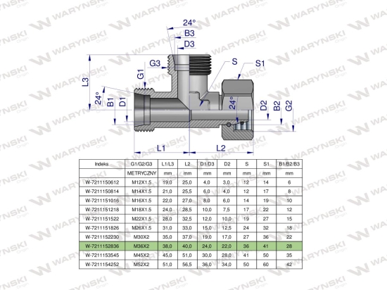 Trójnik hydrauliczny niesymetryczny metryczny BBA M36x2 28L (XEVL) Waryński
