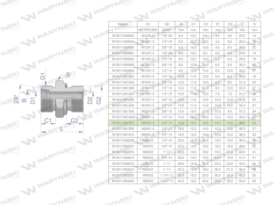 Przyłączka hydrauliczna BB (XGE) M22x1.5 15L x 3/4" BSP ED Waryński ( sprzedawane po 5 )