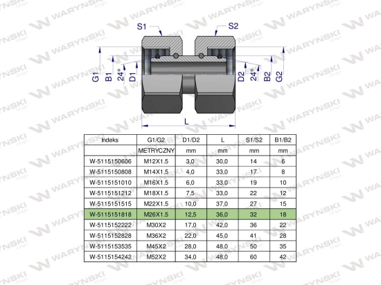 Złączka hydrauliczna metryczna AA M26x1.5 18L Waryński