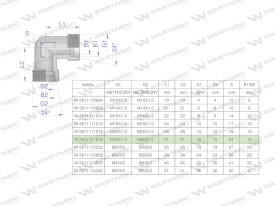 Kolanko hydrauliczne metryczne BB M26x1.5 18L (XW) Waryński