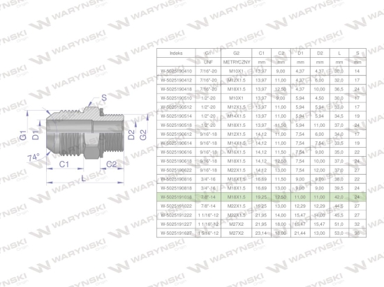 Przyłączka hydrauliczna BB 7/8"UNF (JIC) x M18x1.5 (XGE) Waryński ( sprzedawane po 2 )