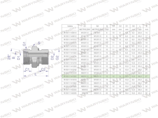 Przyłączka hydrauliczna metryczna BB (XGE) M22x1.5 15L x M22x1.5 ED Waryński ( sprzedawane po 10 )
