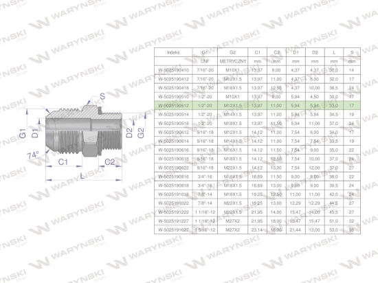 Przyłączka hydrauliczna BB 1/2"UNF (JIC) x M12x1.5 (XGE) Waryński ( sprzedawane po 2 )