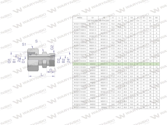 Złączka hydrauliczna metryczna AB (XKOR) A-M30x2 22L / B-M16x1.5 10L Waryński