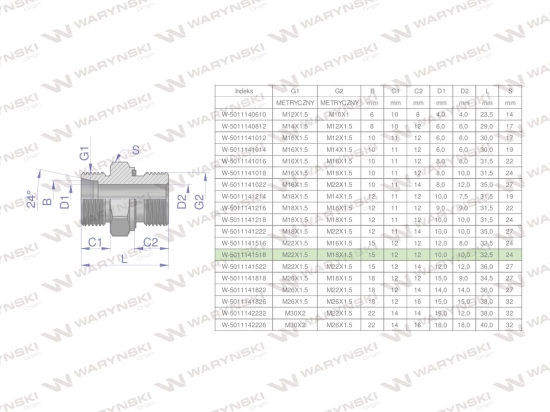 Przyłączka hydrauliczna metryczna BB (XGE) M22x1.5 15L x M18x1.5 ED Waryński ( sprzedawane po 10 )