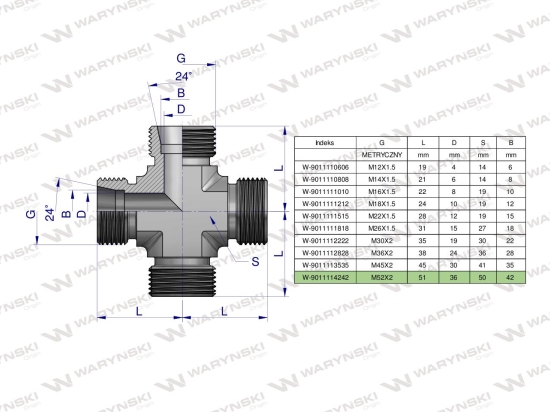 Czwórnik hydrauliczny metryczny BBBB M52x2 42L Waryński