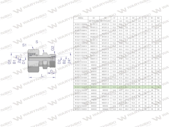 Złączka hydrauliczna metryczna AB (XKOR) A-M36x2 28L / B-M26x1.5 18L Waryński
