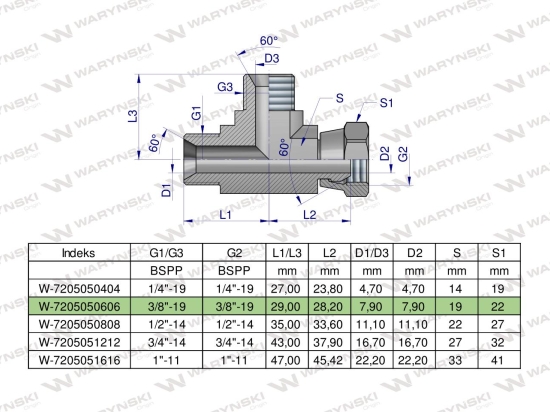 Trójnik hydrauliczny niesymetryczny calowy BBA 3/8" BSP (XEVL) Waryński