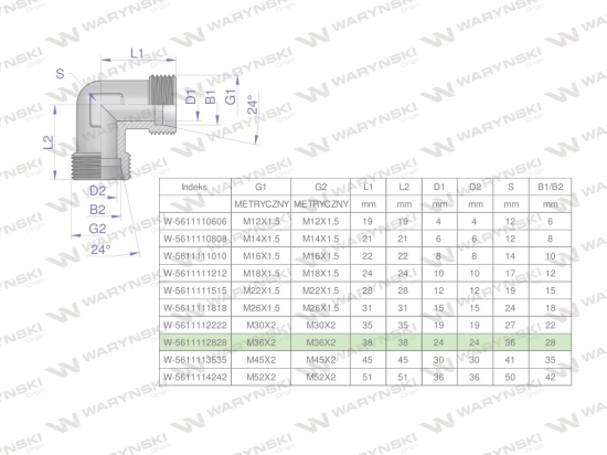 Kolanko hydrauliczne metryczne BB M36x2 28L (XW) Waryński