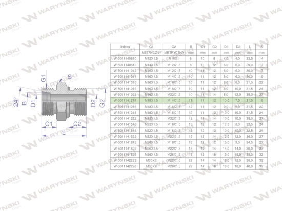 Przyłączka hydrauliczna metryczna BB (XGE) M18x1.5 12L x M14x1.5 ED Waryński ( sprzedawane po 5 )
