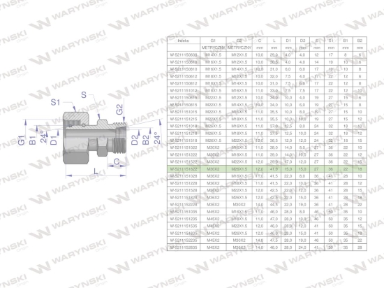 Złączka hydrauliczna metryczna AB (XKOR) A-M30x2 22L / B-M26x1.5 18L Waryński