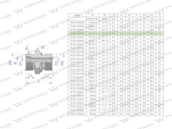 Przyłączka hydrauliczna BB (XGE) M14x1.5 08L x 1/8" BSP ED Waryński ( sprzedawane po 5 )