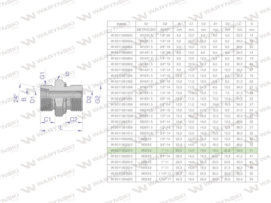 Przyłączka hydrauliczna BB (XGE) M30x2 22L x 1" BSP ED Waryński ( sprzedawane po 2 )