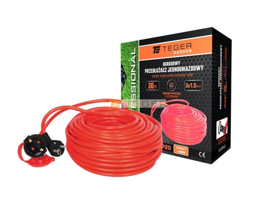 Przedłużacz jednogniazdowy, ogrodowy PROFESSIONAL, 3X1,5mm, IP20, H05VV-F, z uziemieniem, cert. CE / 30M, Teger