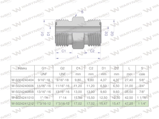 Złączka hydrauliczna calowa BB 1 3/16" ORFS (UNF) Waryński