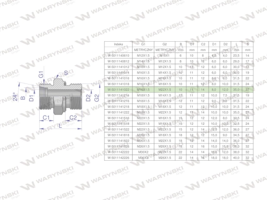 Przyłączka hydrauliczna metryczna BB (XGE) M16x1.5 10L x M22x1.5 ED Waryński ( sprzedawane po 5 )