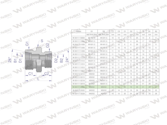 Złączka hydrauliczna redukcyjna metryczna BB M36x2 28L / M30x2 22L (XG) Waryński