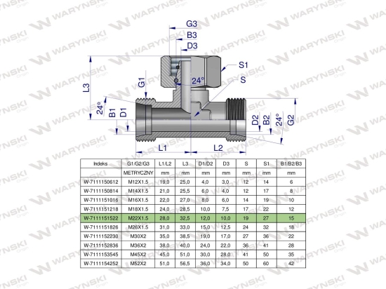 Trójnik hydrauliczny symetryczny metryczny BAB M22x1.5 15L (XEVT) Waryński ( sprzedawane po 5 )