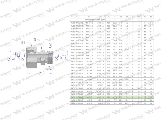 Złączka hydrauliczna metryczna AB (XKOR) A-M45x2 35L / B-M26x1.5 18L Waryński