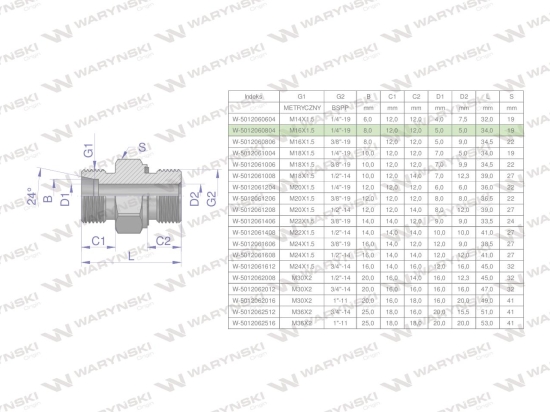 Przyłączka hydrauliczna (odmiana ciężka XGE) BB M16x1.5 08S x 1/4" BSP ED Waryński ( sprzedawane po 5 )