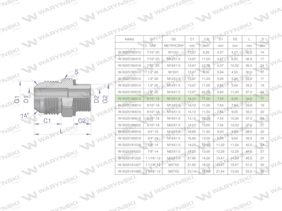Przyłączka hydrauliczna BB 9/16"UNF (JIC) x M12x1.5 (XGE) Waryński ( sprzedawane po 2 )
