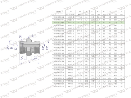 Przyłączka hydrauliczna BB (XGE) M12x1.5 06L x 3/8" BSP ED Waryński ( sprzedawane po 5 )
