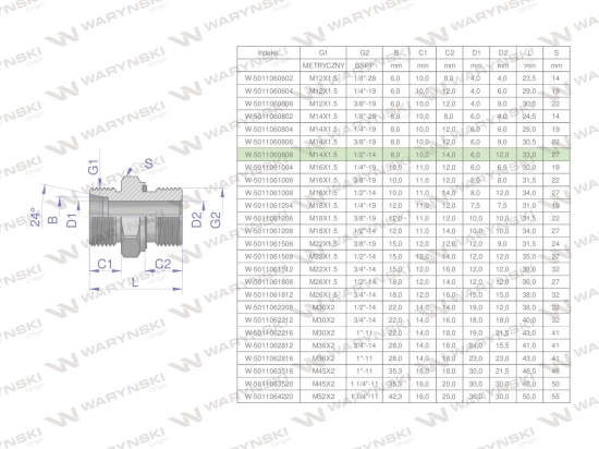 Przyłączka hydrauliczna BB (XGE) M14x1.5 08L x 1/2" BSP ED Waryński ( sprzedawane po 5 )