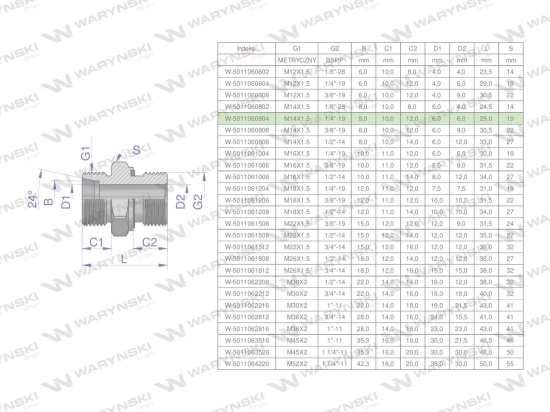 Przyłączka hydrauliczna BB (XGE) M14x1.5 08L x 1/4" BSP ED Waryński ( sprzedawane po 5 )