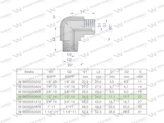 Kolanko hydrauliczne calowe BB 1/2" BSP (XW) Waryński ( sprzedawane po 5 )