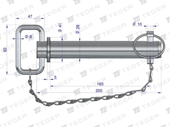 Sworzeń zaczepu z zawleczką i łańcuchem 28x165x205 TEGER