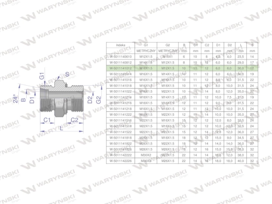 Przyłączka hydrauliczna metryczna BB (XGE) M16x1.5 10L x M12x1.5 ED Waryński ( sprzedawane po 5 )