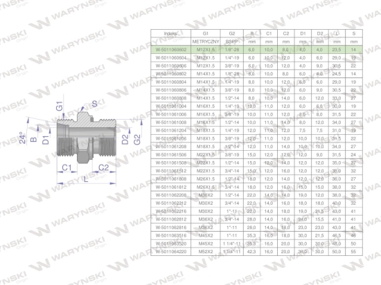 Przyłączka hydrauliczna BB (XGE) M12x1.5 06L x 1/8" BSP ED Waryński ( sprzedawane po 10 )