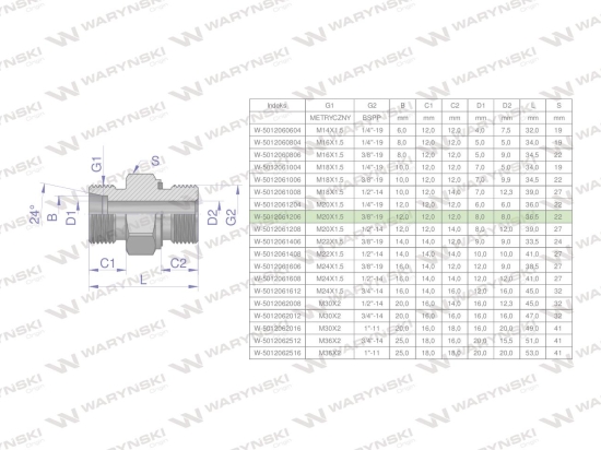 Przyłączka hydrauliczna (odmiana ciężka XGE) BB M20x1.5 12S x 3/8" BSP ED Waryński ( sprzedawane po 5 )