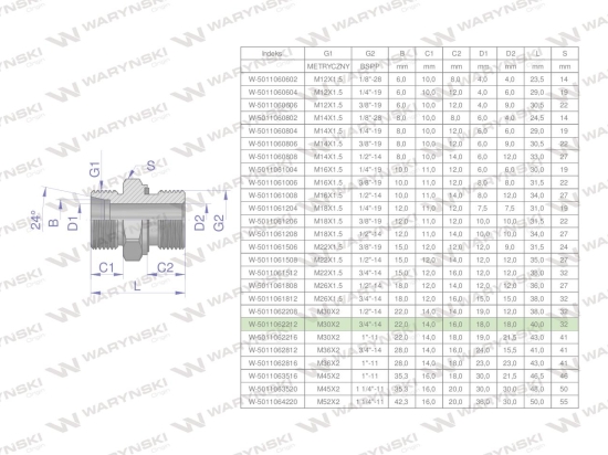 Przyłączka hydrauliczna BB (XGE) M30x2 22L x 3/4" BSP ED Waryński ( sprzedawane po 2 )