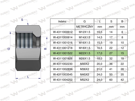 Nakrętka hydrauliczna metryczna (M15L) M22x1.5 15L Waryński ( sprzedawane po 20 )