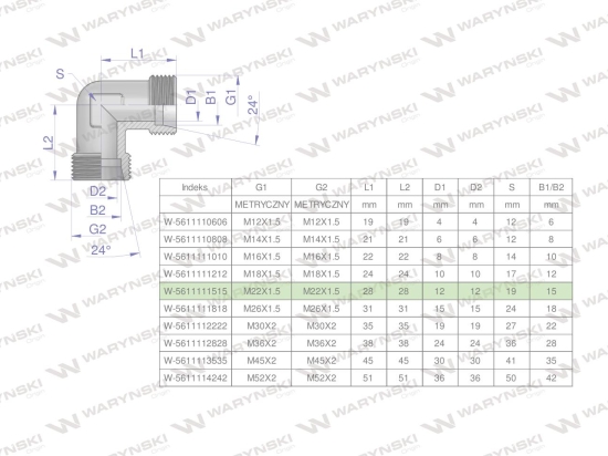 Kolanko hydrauliczne metryczne BB M22x1.5 15L (XW) Waryński ( sprzedawane po 5 )