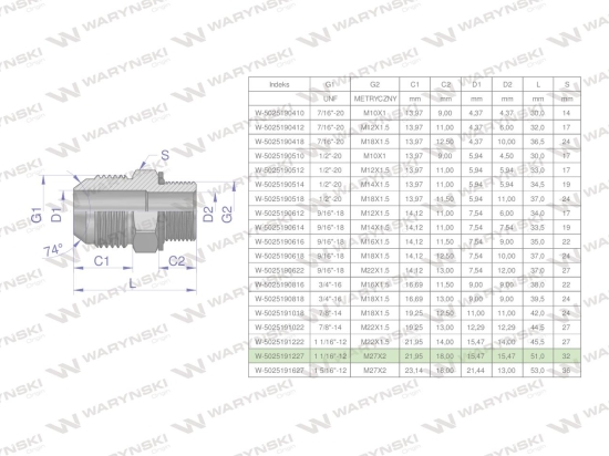 Przyłączka hydrauliczna BB 1 1/16"UNF (JIC) x M27x2 (XGE) Waryński ( sprzedawane po 2 )