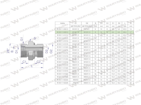 Przyłączka hydrauliczna metryczna BB (XGE) M14x1.5 08L x M12x1.5 ED Waryński ( sprzedawane po 5 )