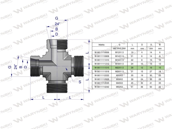 Czwórnik hydrauliczny metryczny BBBB M22x1.5 15L Waryński